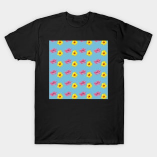 Hibiscus Flower Pattern in Watercolors and a blue background T-Shirt